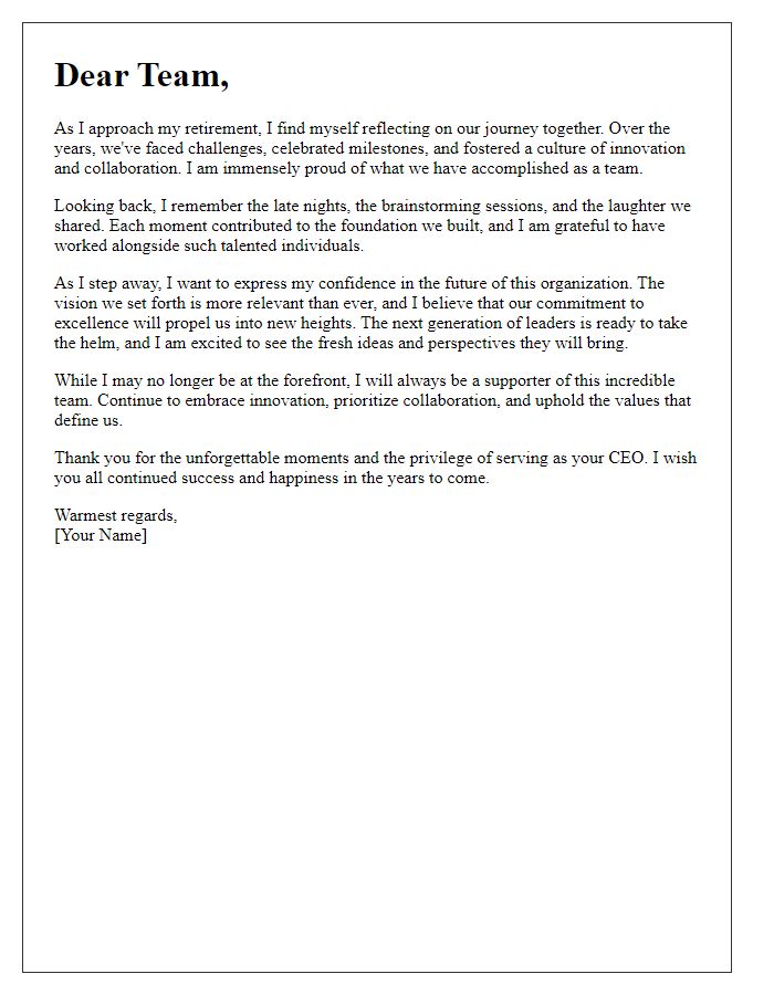 Letter template of CEO retirement reflections and future vision.