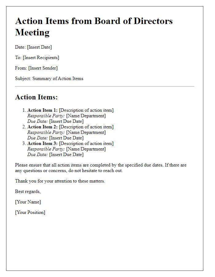 Letter template of action items from board of directors meeting