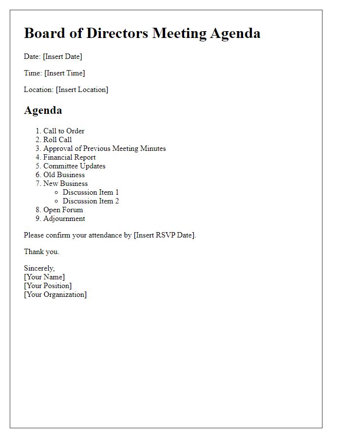 Letter template of agenda for board of directors meeting