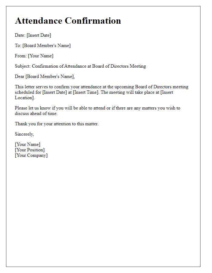 Letter template of attendance confirmation for board of directors meeting