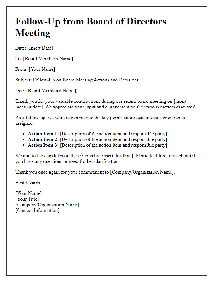 Letter template of follow-up from board of directors meeting