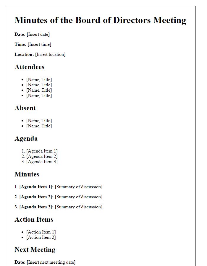 Letter template of minutes for board of directors meeting