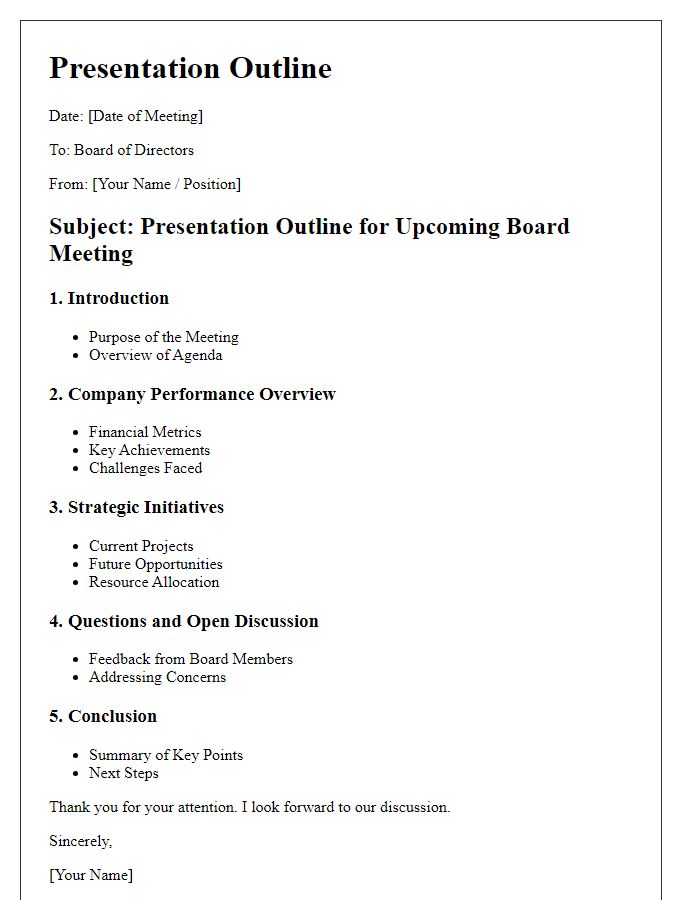 Letter template of presentation outline for board of directors meeting