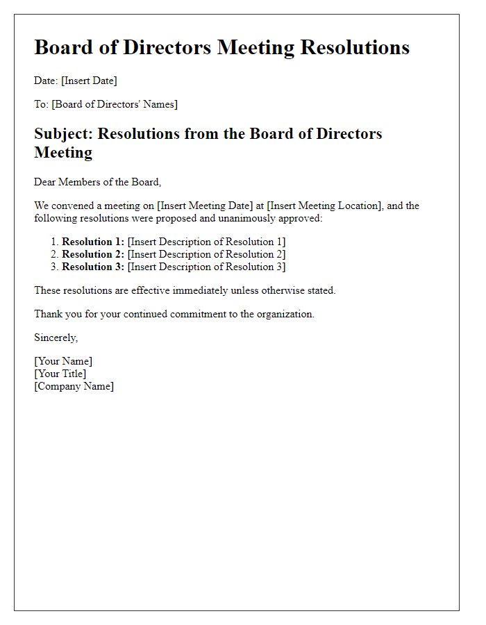 Letter template of resolutions for board of directors meeting