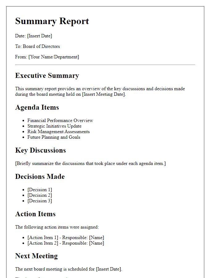 Letter template of summary report for board of directors meeting