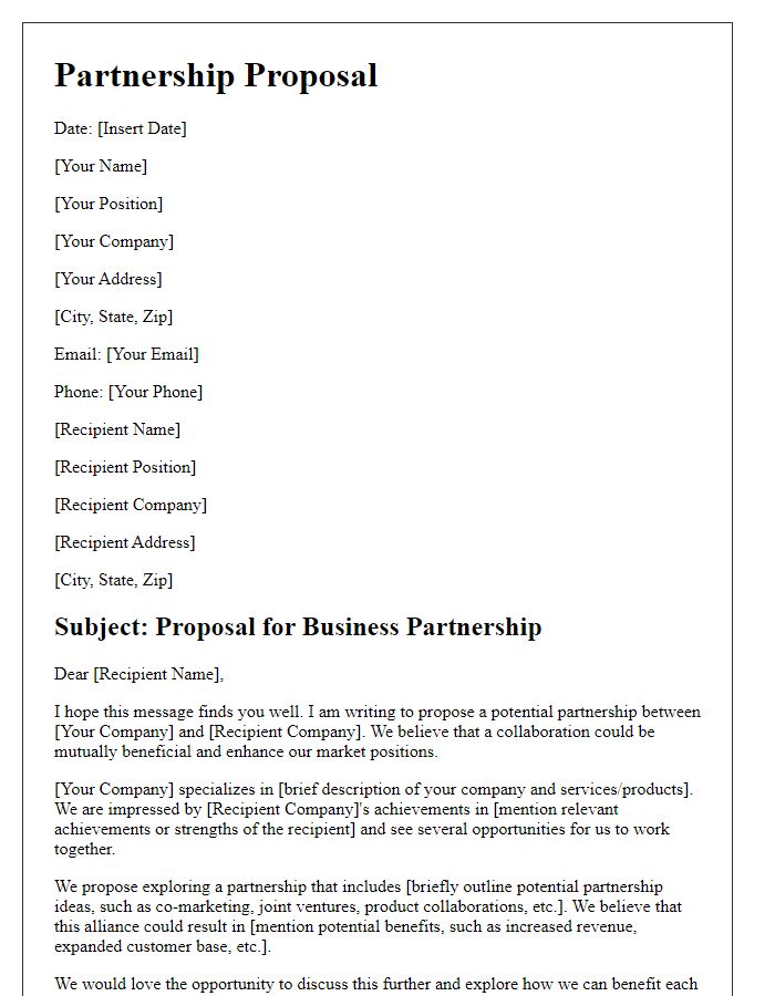 Letter template of proposal for business partnership.