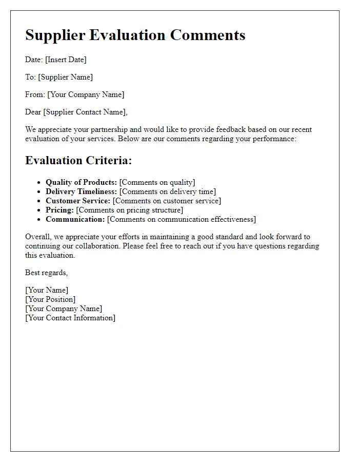 Letter template of Supplier Evaluation Comments