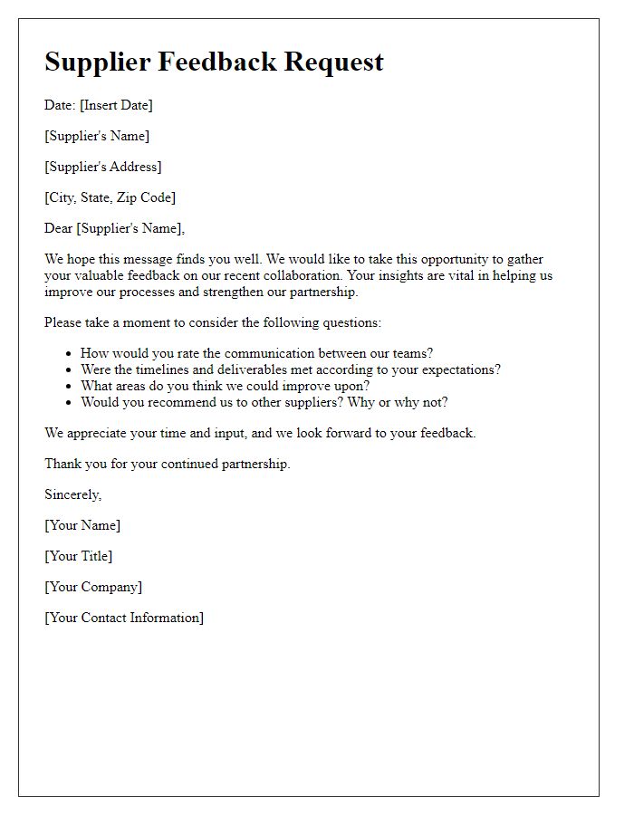 Letter template of Supplier Feedback Request