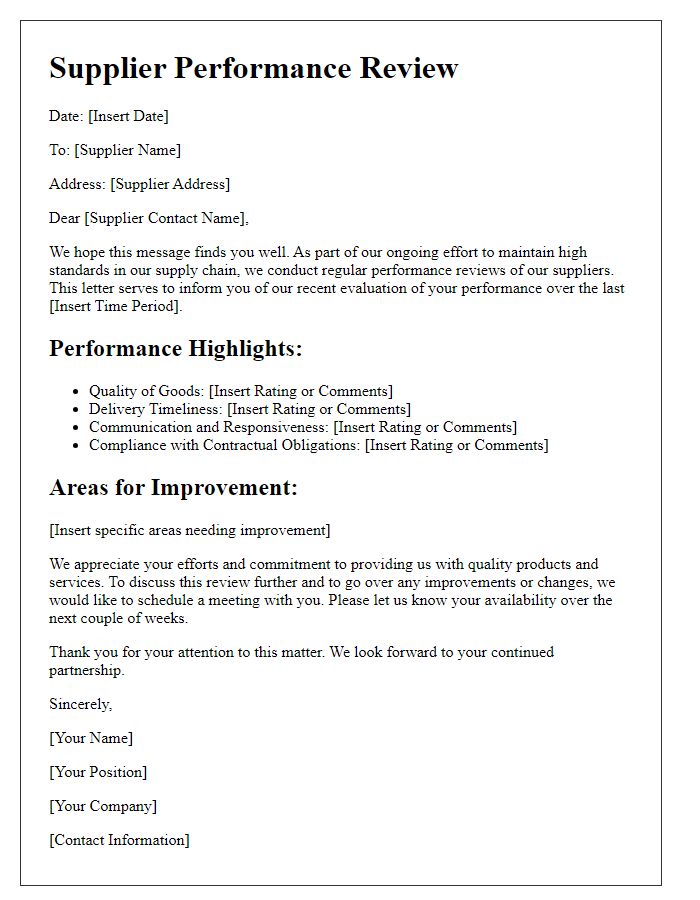 Letter template of Supplier Performance Review