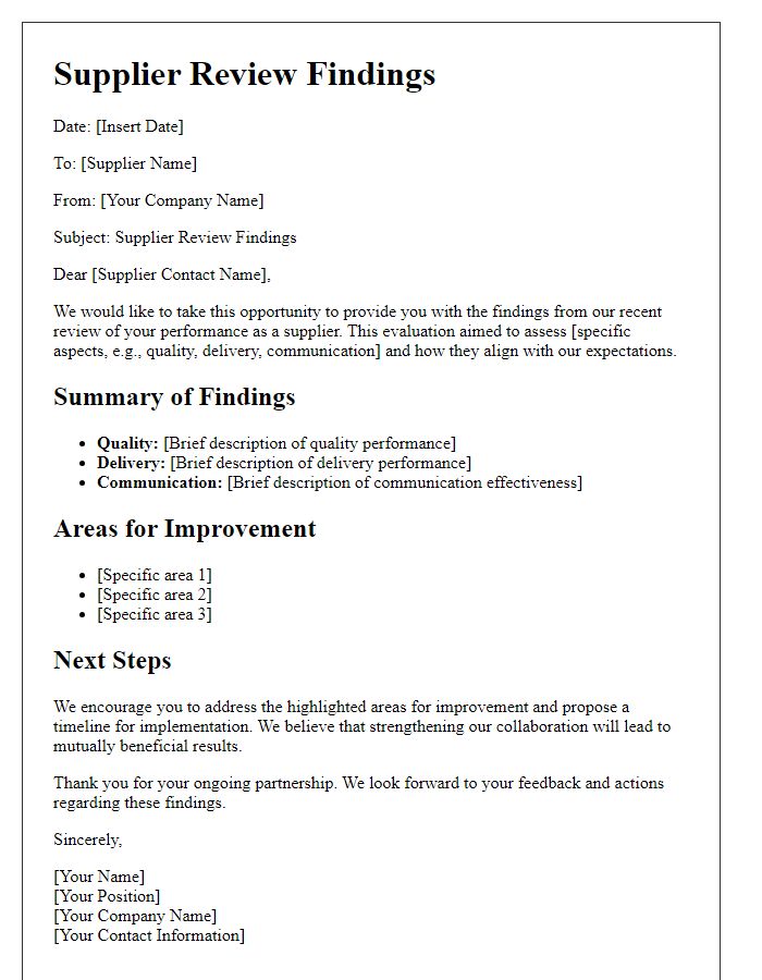 Letter template of Supplier Review Findings