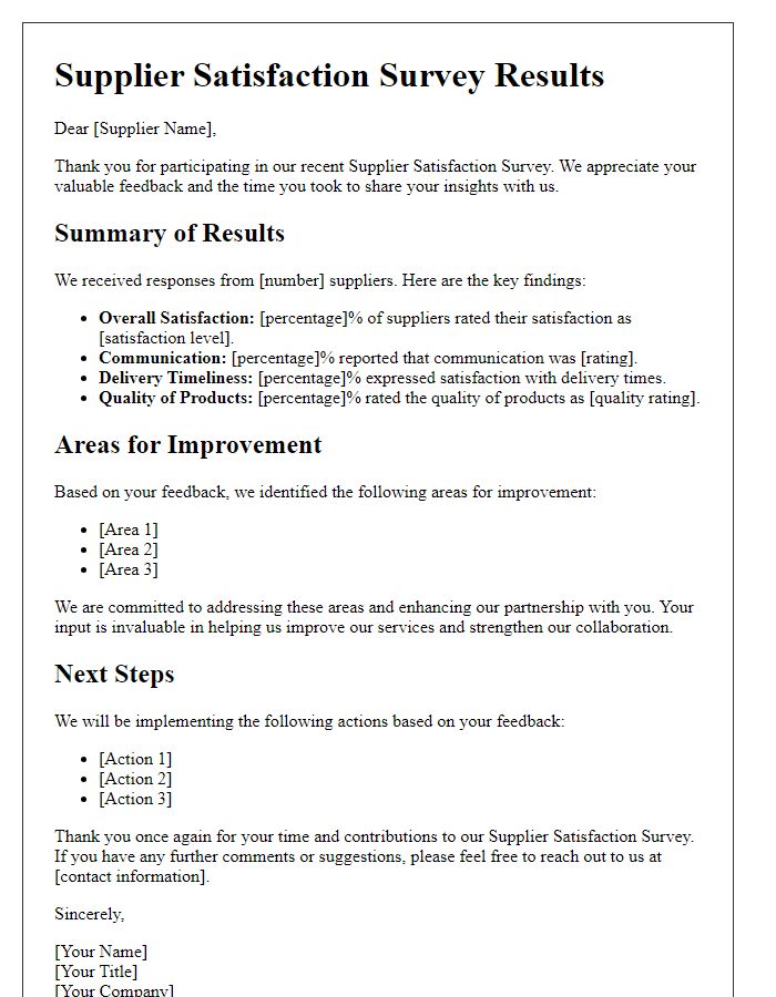 Letter template of Supplier Satisfaction Survey Results