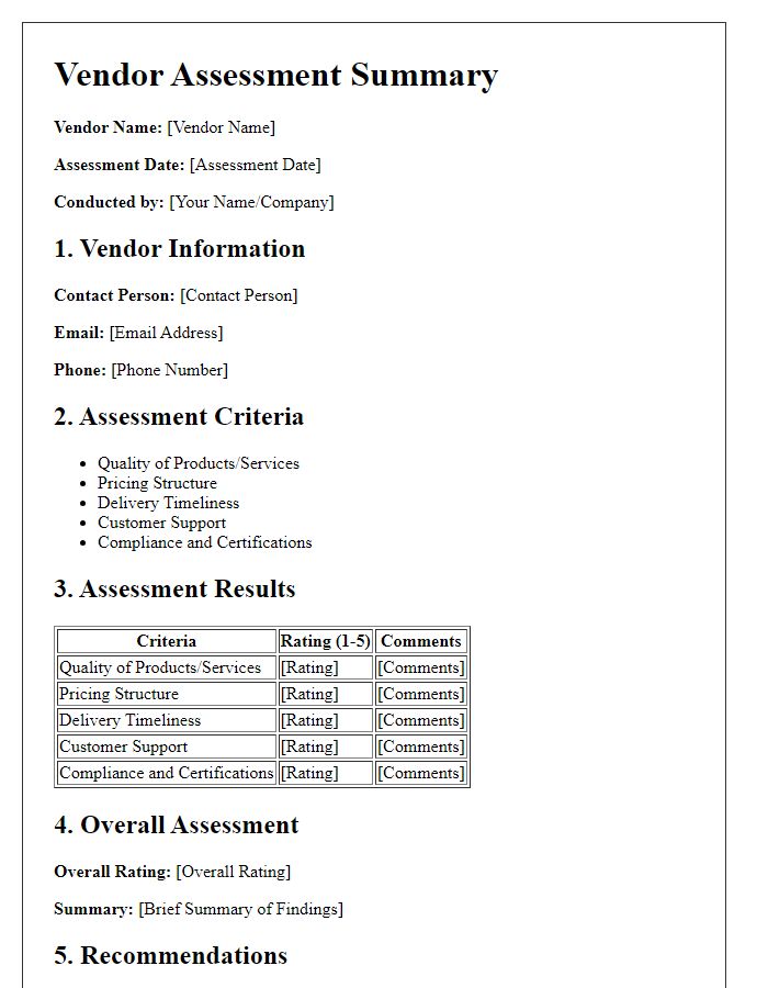 Letter template of Vendor Assessment Summary