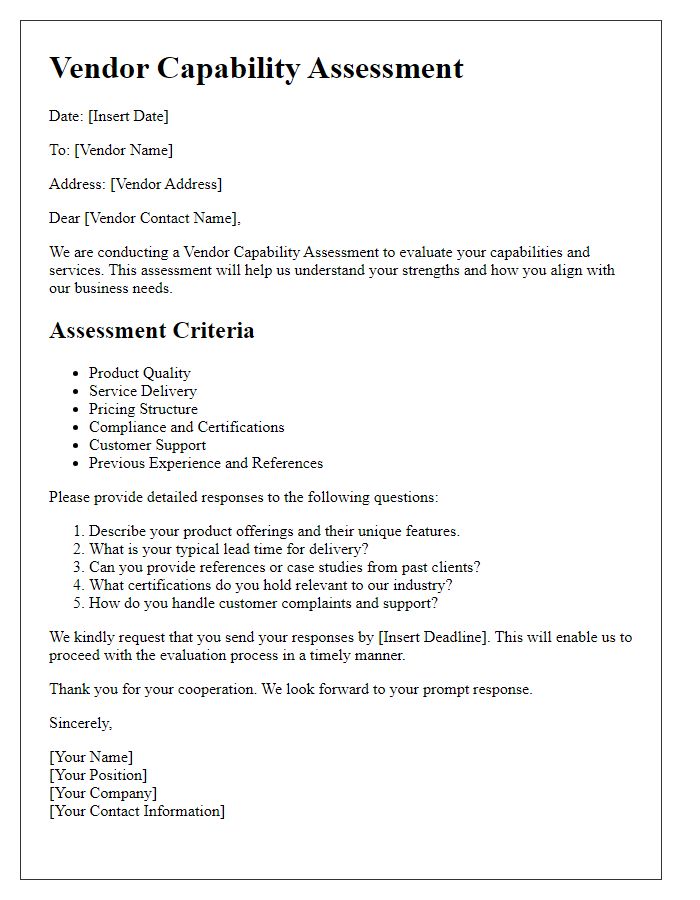 Letter template of Vendor Capability Assessment