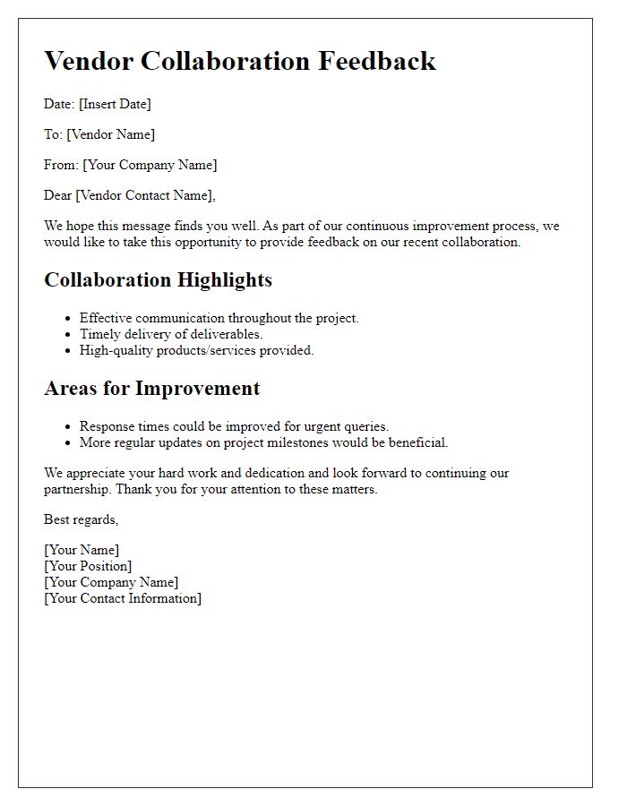 Letter template of Vendor Collaboration Feedback