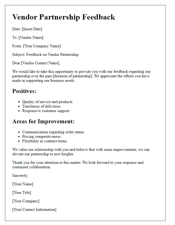 Letter template of Vendor Partnership Feedback