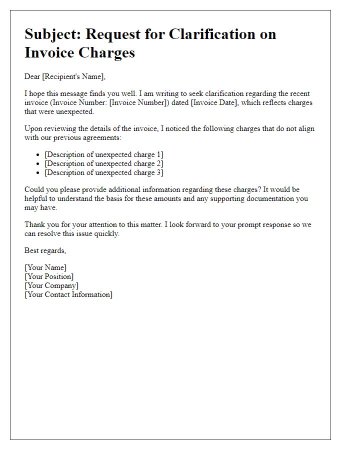 Letter template of clarification for unexpected invoice charges