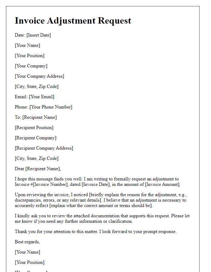 Letter template of invoice adjustment request