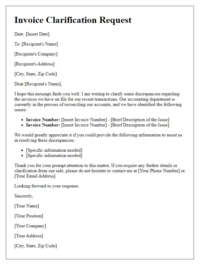 Letter template of invoice clarification for account reconciliation