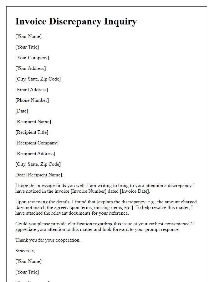 Letter template of invoice discrepancy explanation inquiry