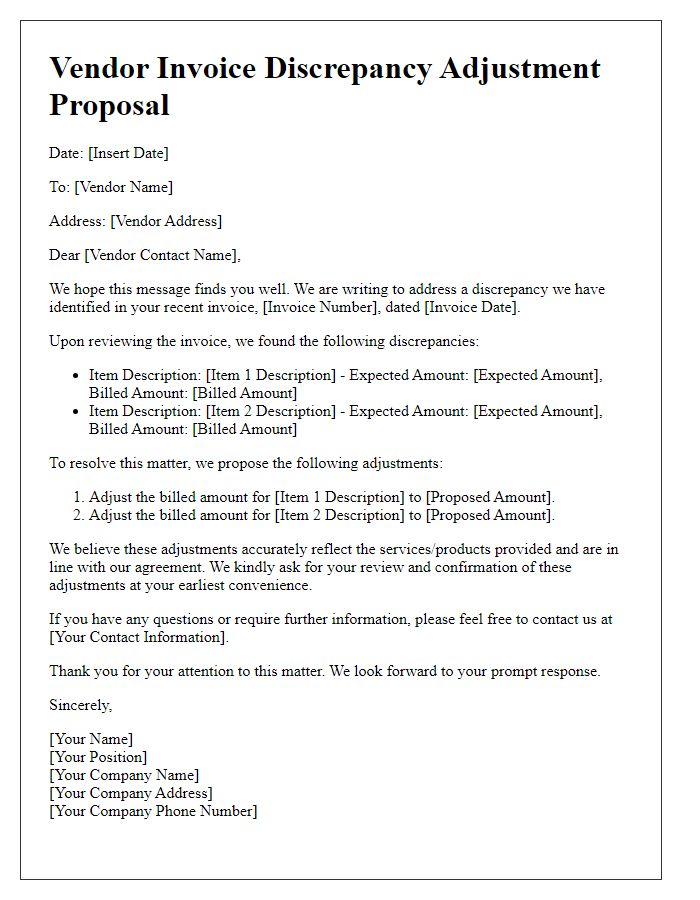 Letter template of vendor invoice discrepancy adjustment proposal