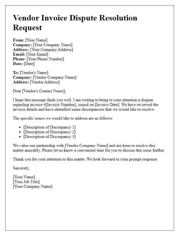 Letter template of vendor invoice dispute resolution request