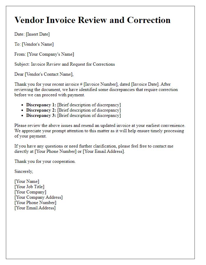 Letter template of vendor invoice review and correction