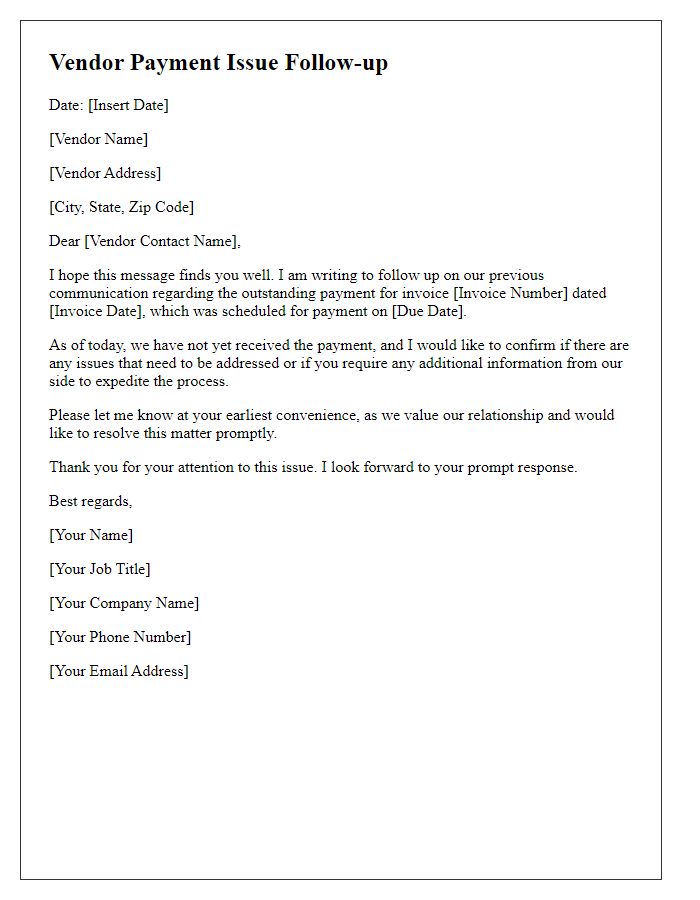 Letter template of vendor payment issue follow-up
