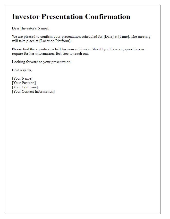 Letter template of confirmation for investor presentation schedule