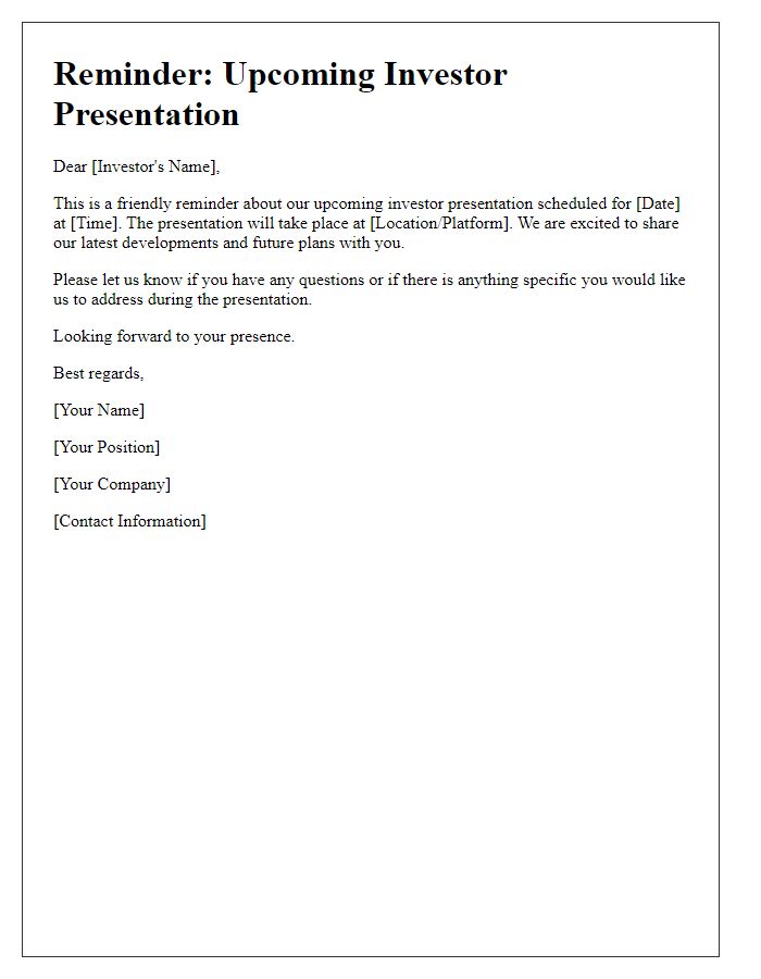 Letter template of reminder for upcoming investor presentation