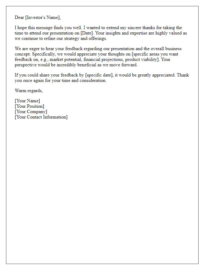 Letter template of request for feedback post-investor presentation