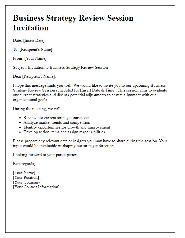 Letter template of business strategy review session