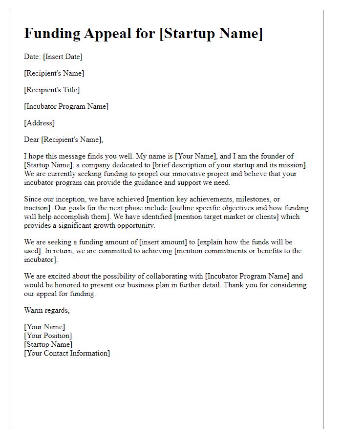 Letter template of startup funding appeal for incubator programs.