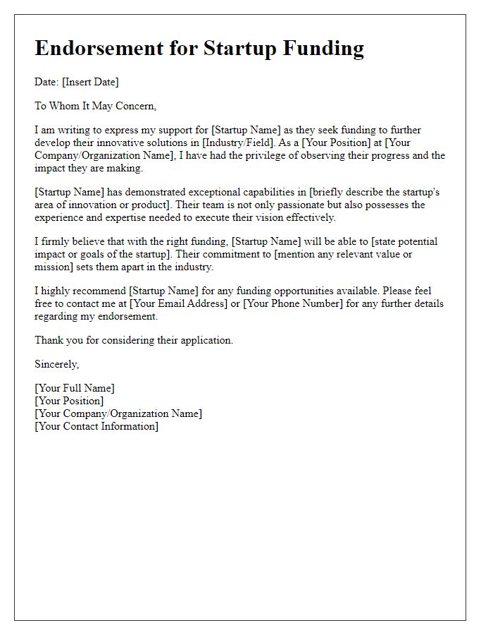 Letter template of startup funding endorsement from industry experts.