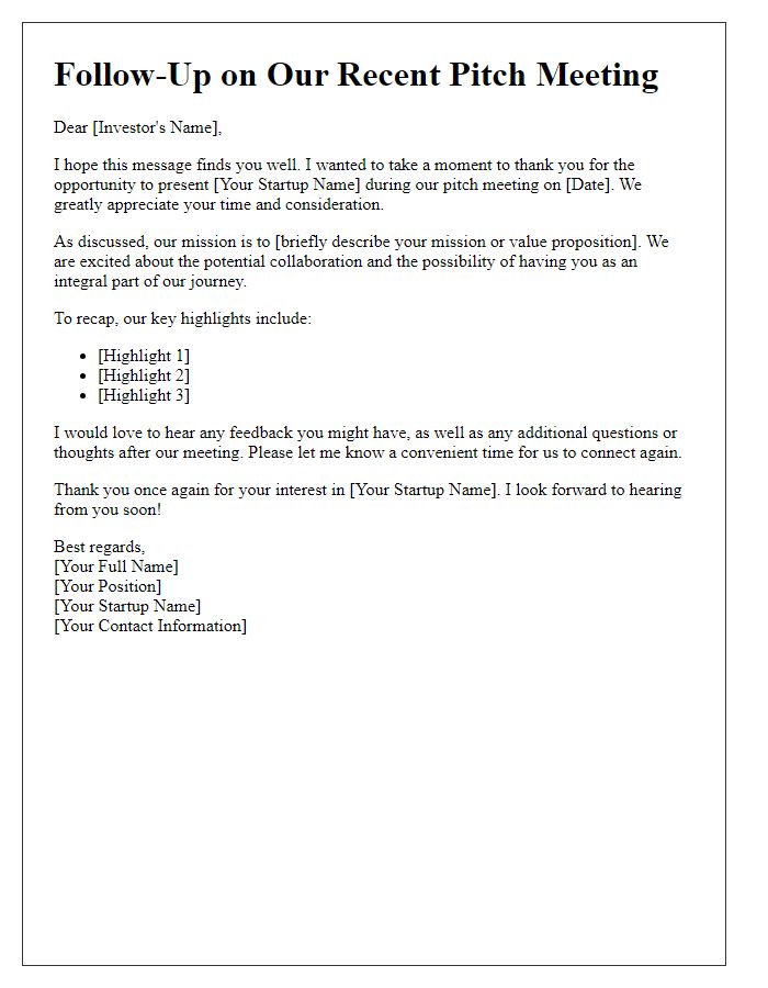 Letter template of startup funding follow-up for pitch meetings.