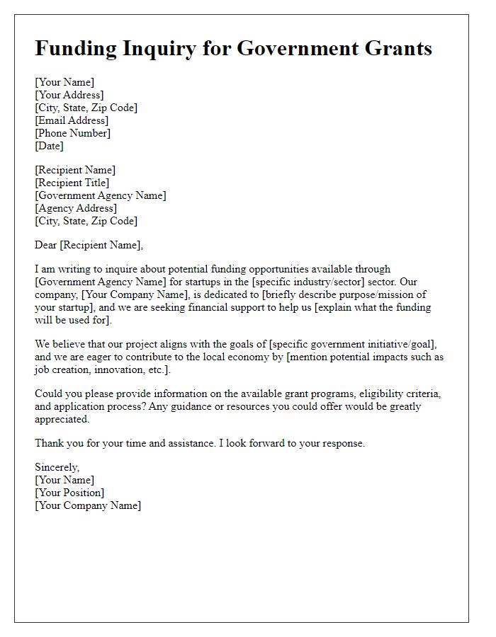 Letter template of startup funding inquiry for government grants.