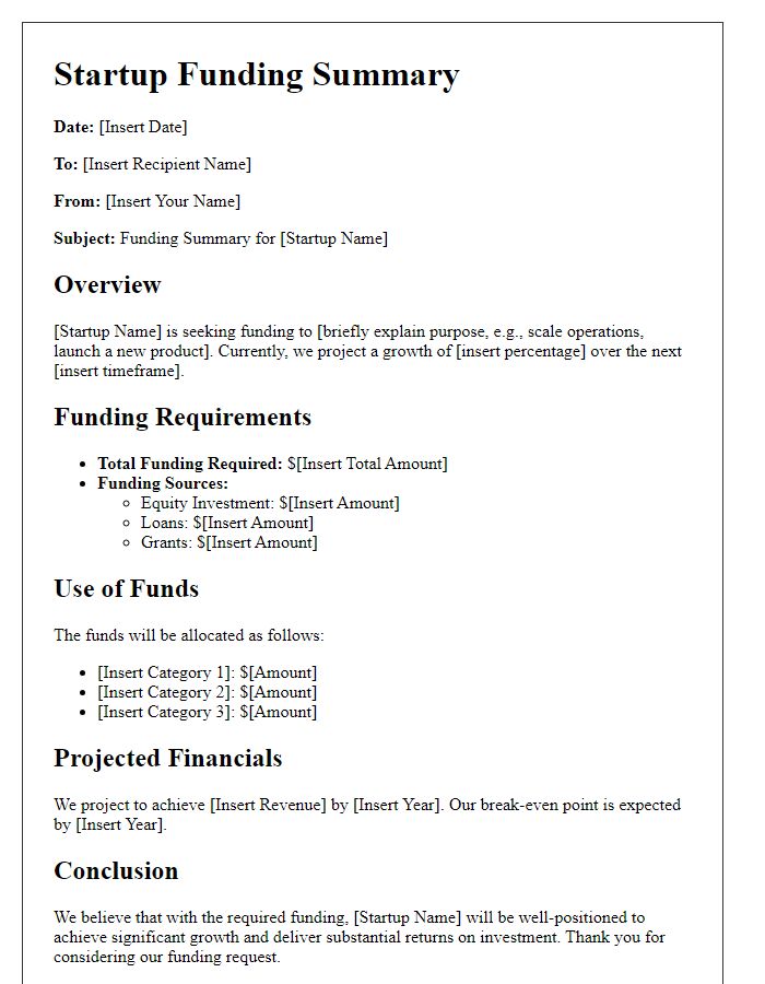 Letter template of startup funding summary for business plan competitions.