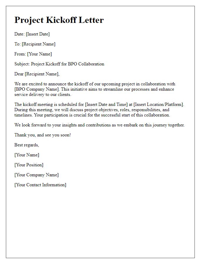 Letter template of project kickoff for BPO collaboration