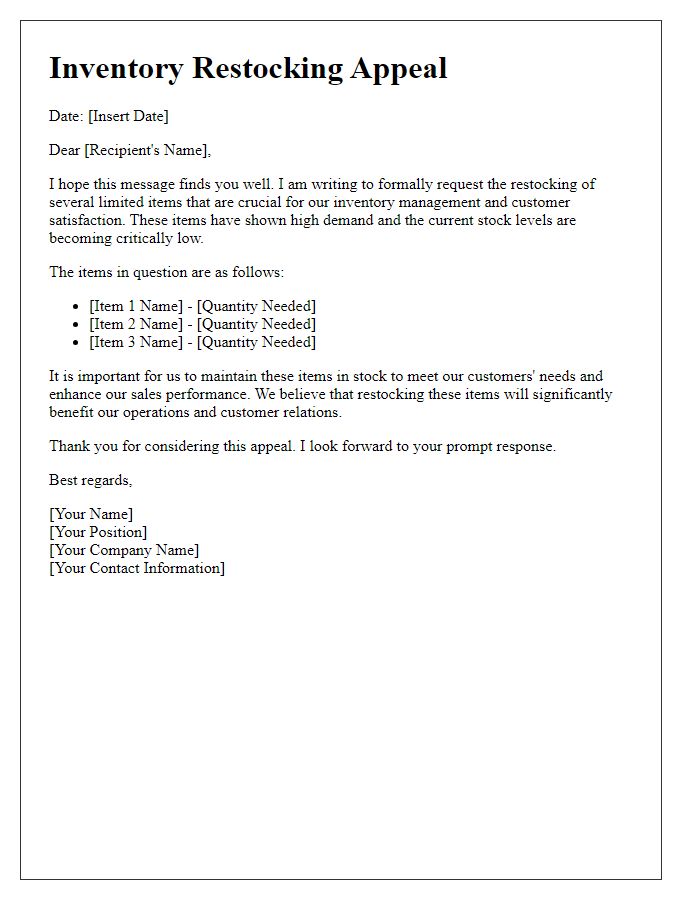 Letter template of inventory restocking appeal for limited items
