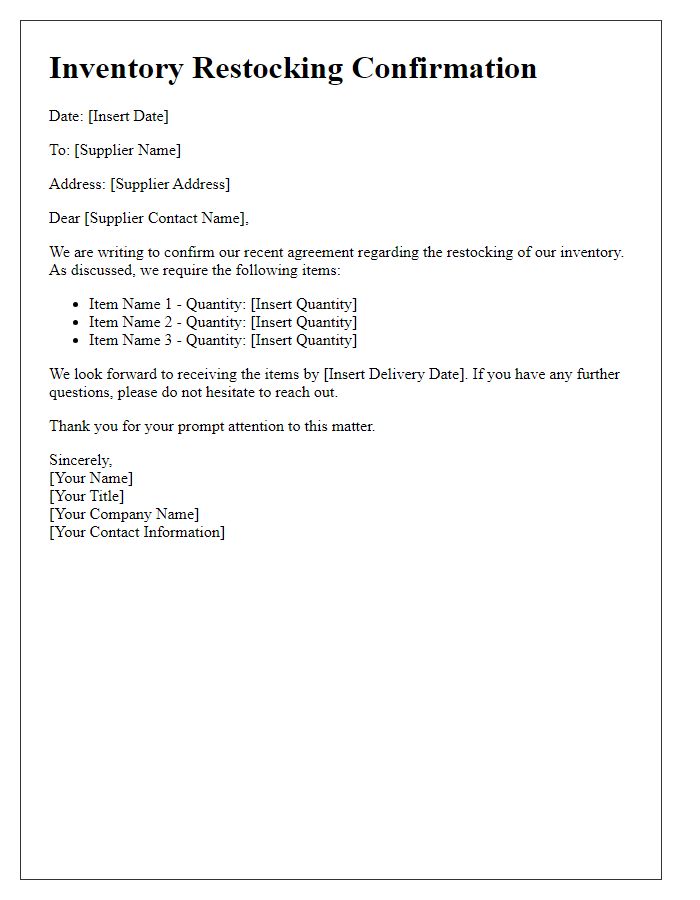 Letter template of inventory restocking confirmation for supplier agreements