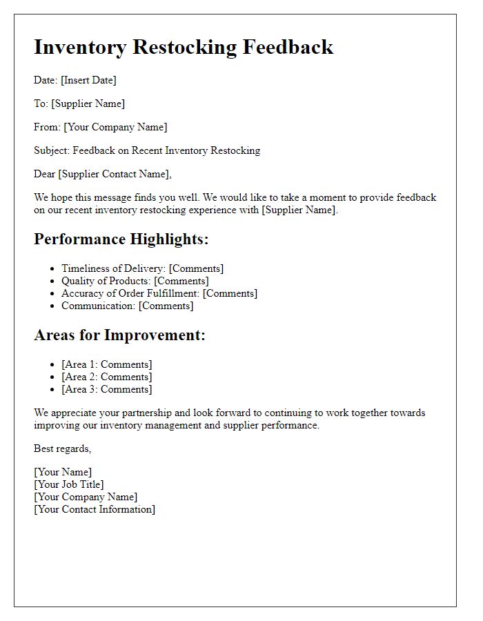 Letter template of inventory restocking feedback for supplier performance