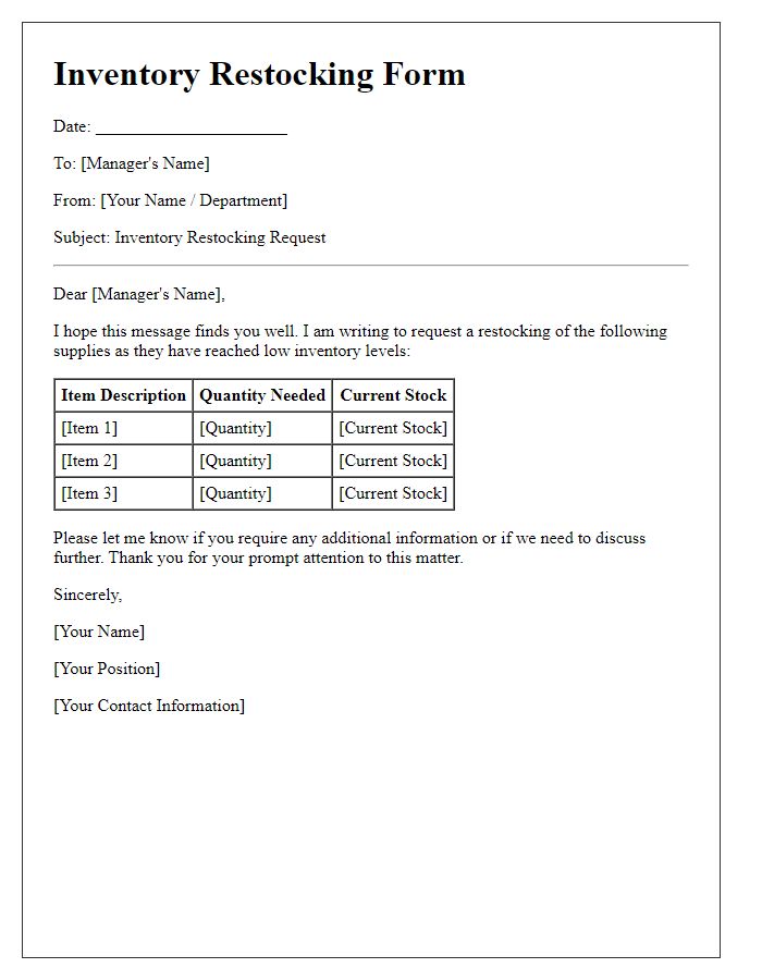 Letter template of inventory restocking form for new supplies