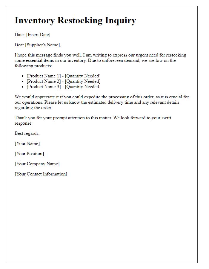 Letter template of inventory restocking inquiry for urgent needs