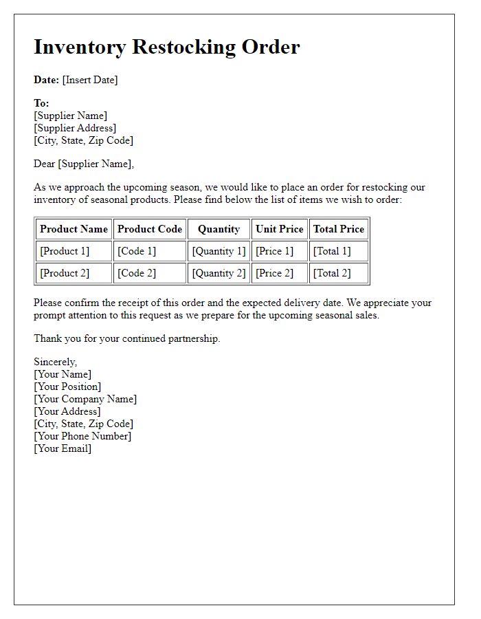 Letter template of inventory restocking order for seasonal products