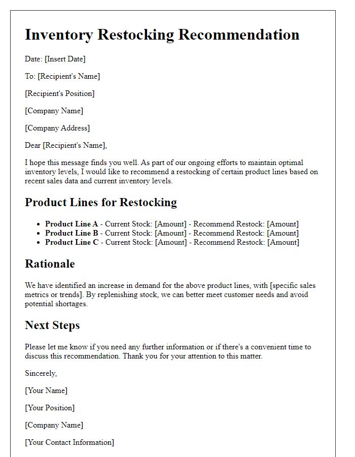 Letter template of inventory restocking recommendation for product lines