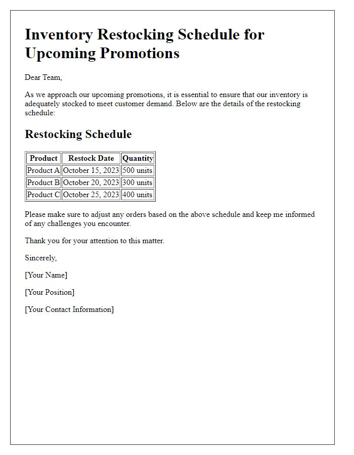Letter template of inventory restocking schedule for upcoming promotions