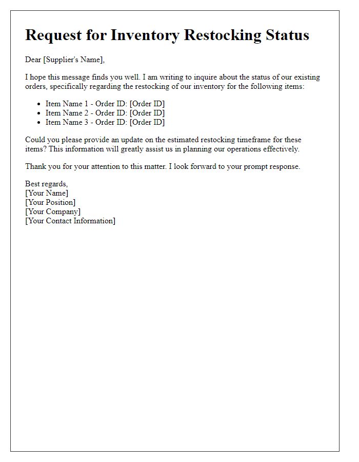 Letter template of inventory restocking status request for existing orders