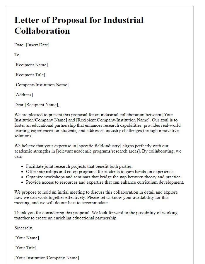 Letter template of industrial collaboration proposal for educational partnerships.