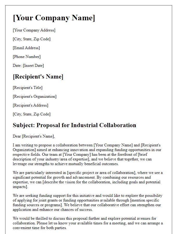 Letter template of industrial collaboration proposal for funding opportunities.