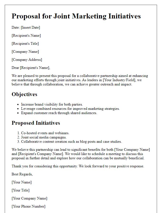 Letter template of industrial collaboration proposal for joint marketing initiatives.