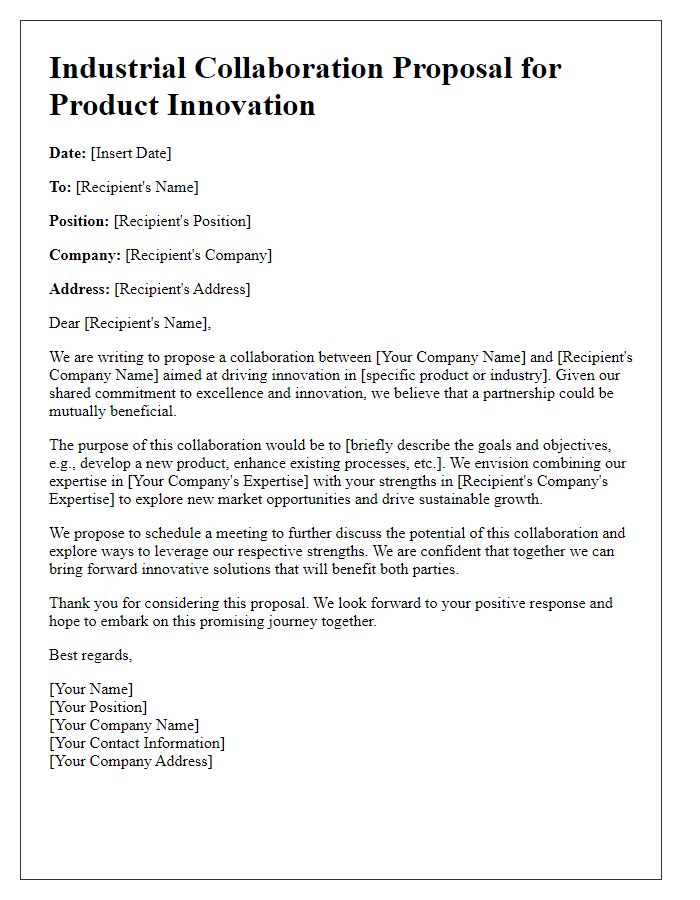 Letter template of industrial collaboration proposal for product innovation.